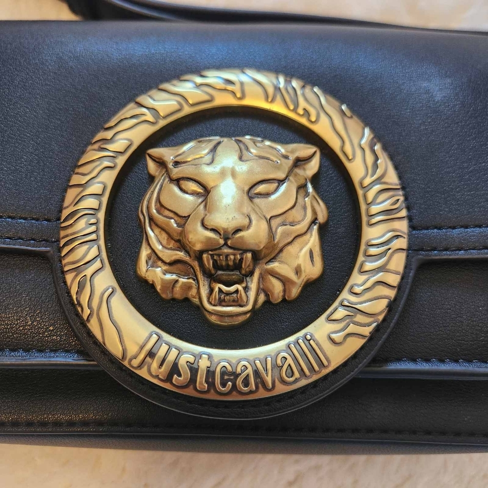 NWT Just Cavalli Black Tiger Head Plaque Convertible Crossbody Clutch Gold Chain - Picture 5 of 16
